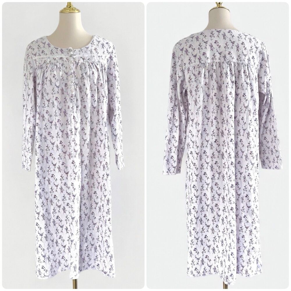 Eileen West White Purple Floral Long Sleeve Cotton Nightgown sz M Cottagecore